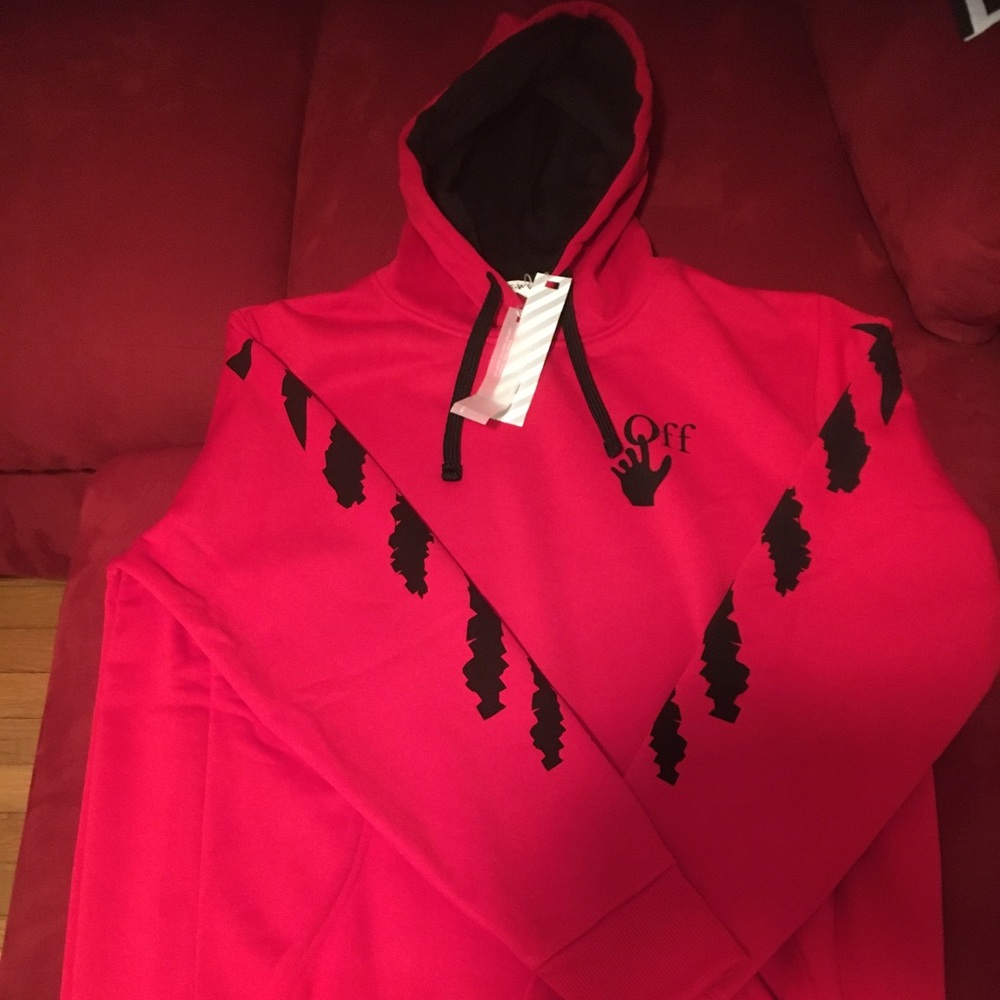Off-White red and black sweat suit with hood. Size XL. New. Authentic.